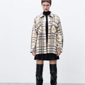 Zara Plaid Wool Shirt Jacket Shacket Oversized Long Sleeve Button Up Medium